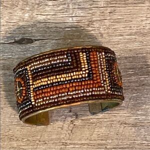 Handmade Boho Beaded Cuff Bracelet Brown & Gold Adjustable